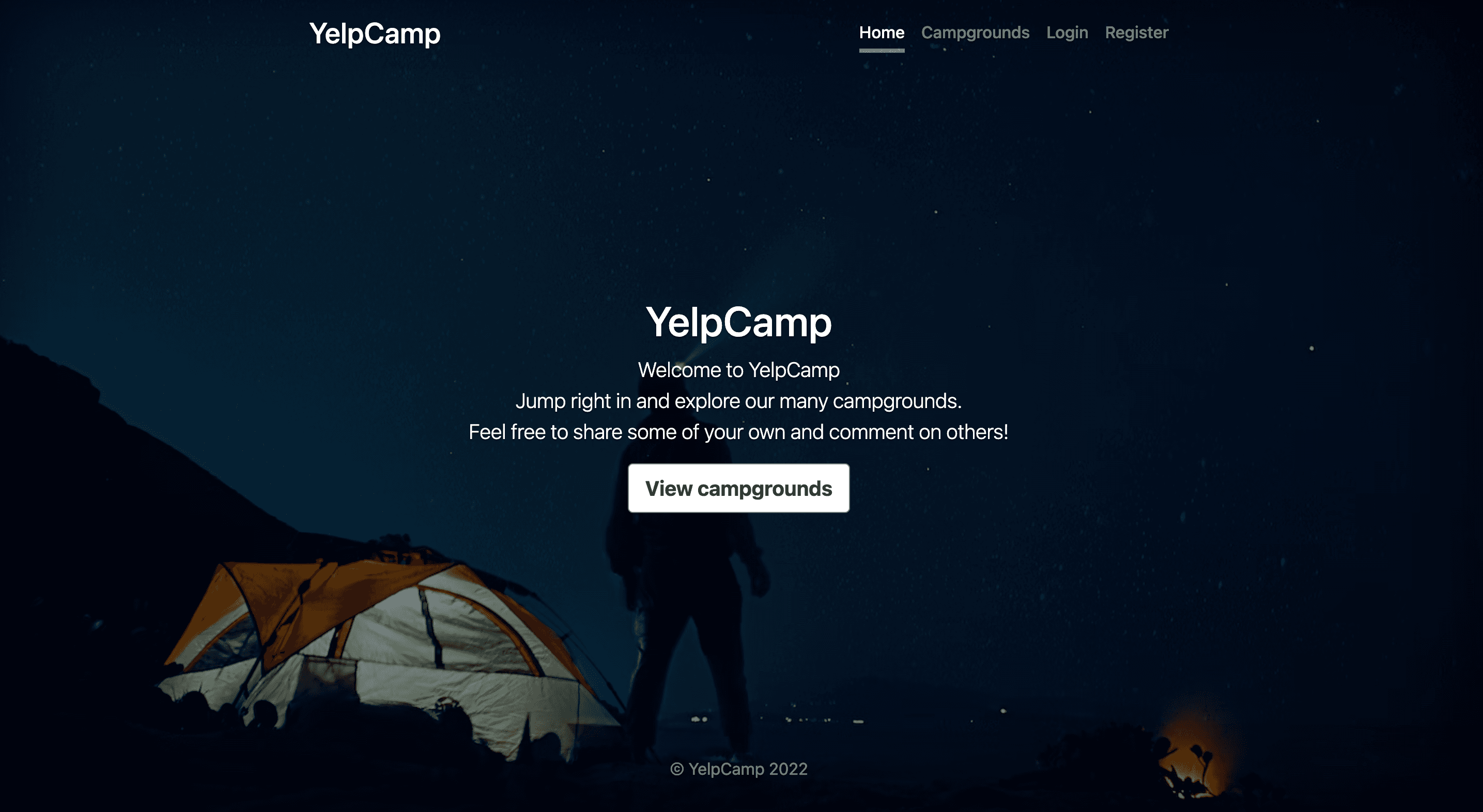 A screenshot of YelpCamp homepage